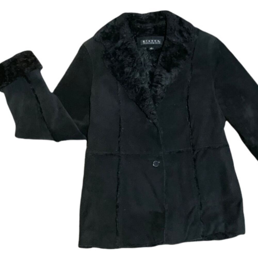 Vintage EUC Giacca Black Suede Leather Jacket Fur Trim Coat Size Medium
